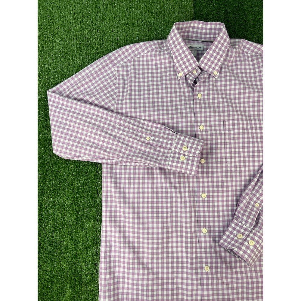 Peter Millar Mens Purple Gingham Check Button Down Shirt Medium Long Sleeve